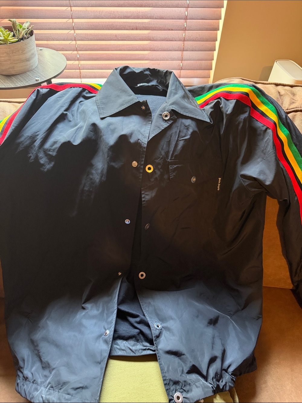 Palm Angels Black Lightweight Coach Jacket with Red, Yellow & Green Stripe